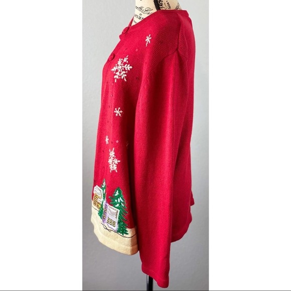 Holiday Editions Christmas Cardigan w/ Snowflakes & Town embroidery - size Large - Picture 3 of 7